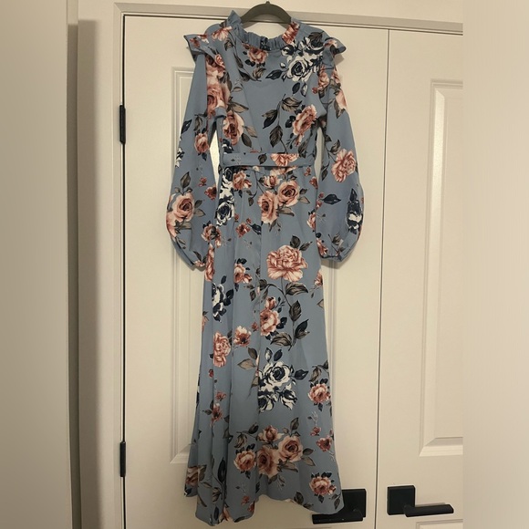 Girls Floral Print Frill Trim Lantern Sleeve Belted Dress - Picture 4 of 5